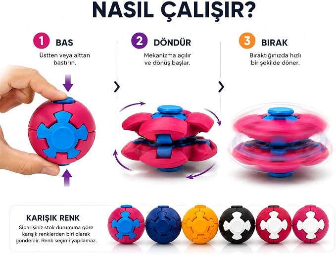 Spinner Ball Stres ve Fidget Oyuncağı, Bas-Döndür Mekanizmalı Eğlenceli Dönen Top, Çocuk ve Yetişkinler İçin, Karışık Renk