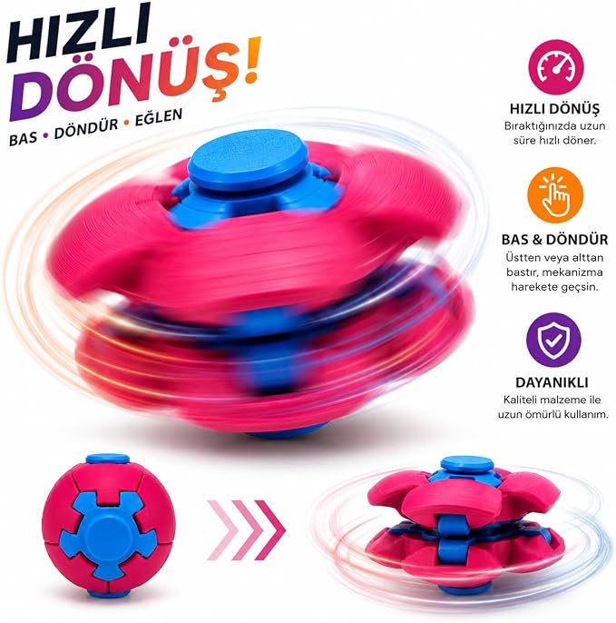 Spinner Ball Stres ve Fidget Oyuncağı, Bas-Döndür Mekanizmalı Eğlenceli Dönen Top, Çocuk ve Yetişkinler İçin, Karışık Renk