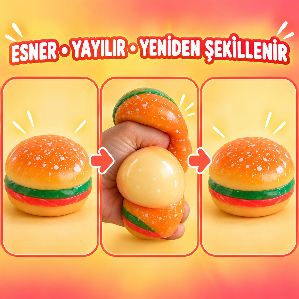 Hamburger Squishy Oyuncak – Beyaz Jel Dolgulu, TPR Esnek Sıkılabilir Fidget ve Duyusal Oyuncak, Yumuşak Hamburger Tasarımlı, 1 Adet