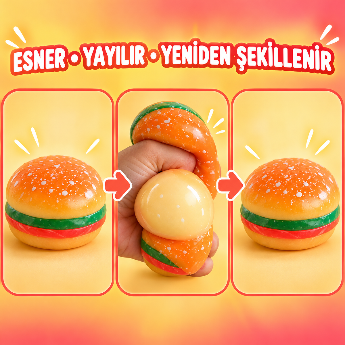 Hamburger Squishy Oyuncak – Beyaz Jel Dolgulu, TPR Esnek Sıkılabilir Fidget ve Duyusal Oyuncak, Yumuşak Hamburger Tasarımlı, 1 Adet