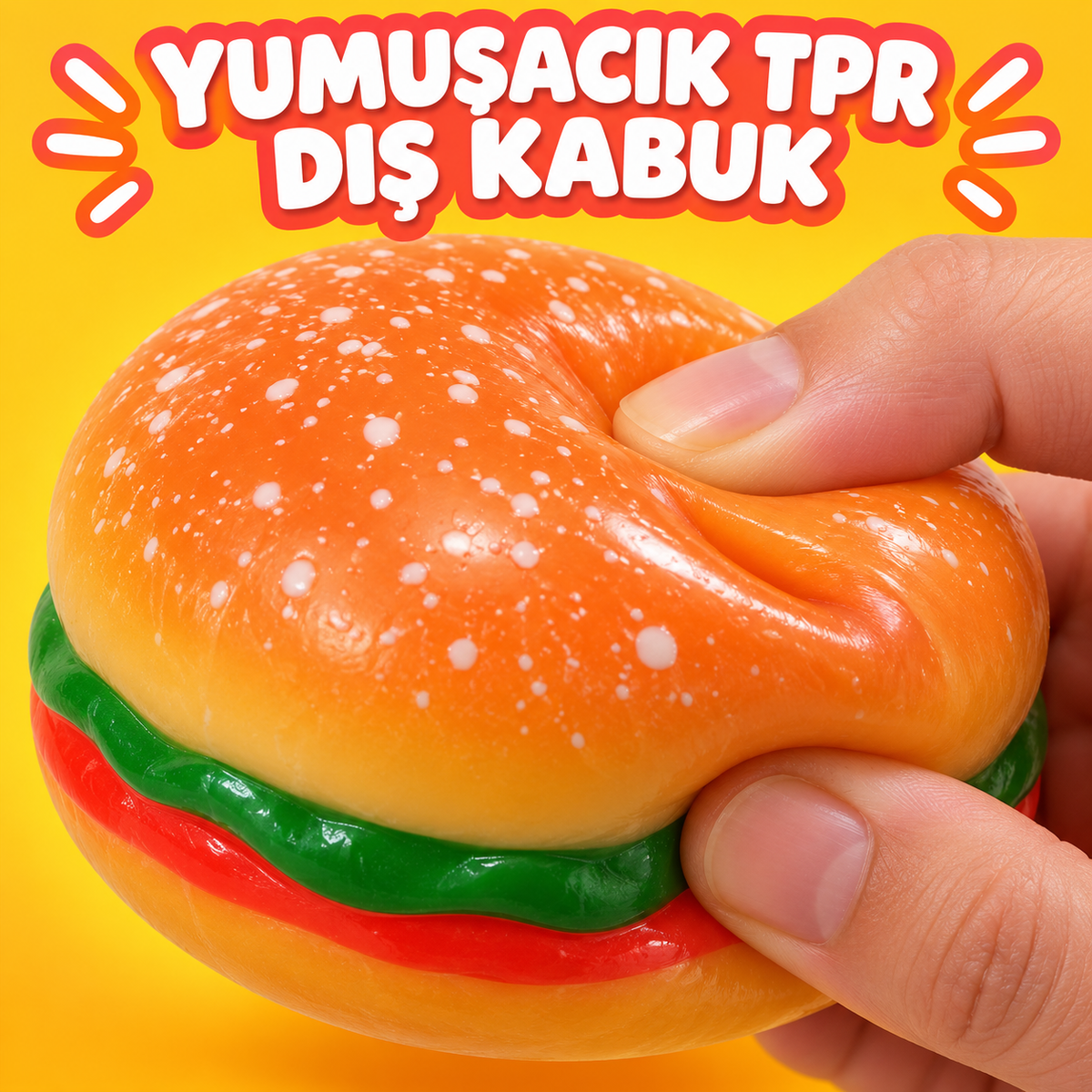 Hamburger Squishy Oyuncak – Beyaz Jel Dolgulu, TPR Esnek Sıkılabilir Fidget ve Duyusal Oyuncak, Yumuşak Hamburger Tasarımlı, 1 Adet